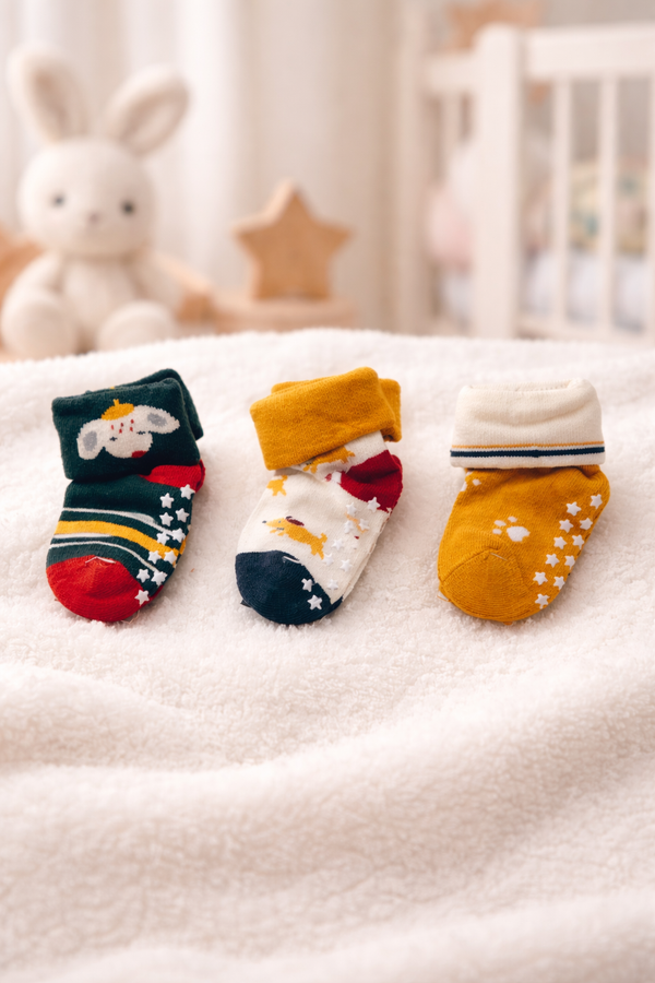 Kradyl Kroft Set of 3 Premium New Born Baby Socks with Foot Grip (0 to 1 Yrs) - Style 7
