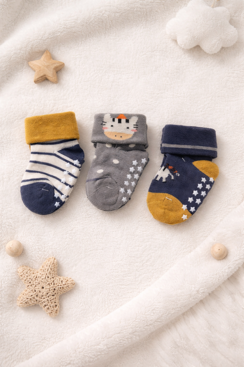Kradyl Kroft Set of 3 Premium New Born Baby Socks with Foot Grip (0 to 1 Yrs) - Style 6
