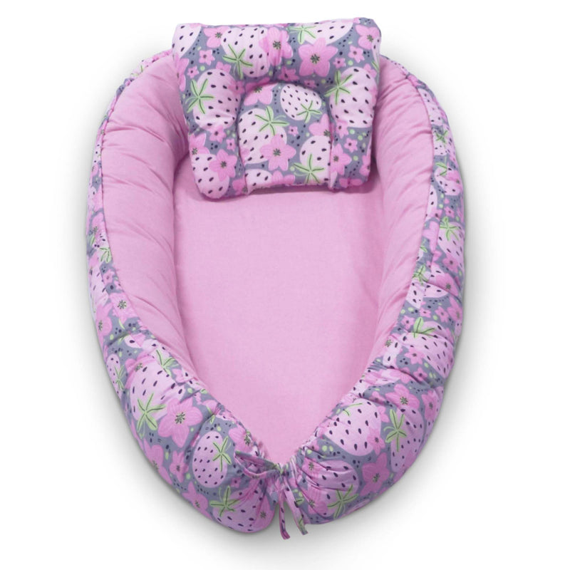 Kradyl Kroft Baby Boat Bed for Babies & Infants | Portable Baby Bedding Set with Pillow | Removable Covers | Double Side Baby Sleeping Bed | Baby Sleeping Pod (Strawberry)