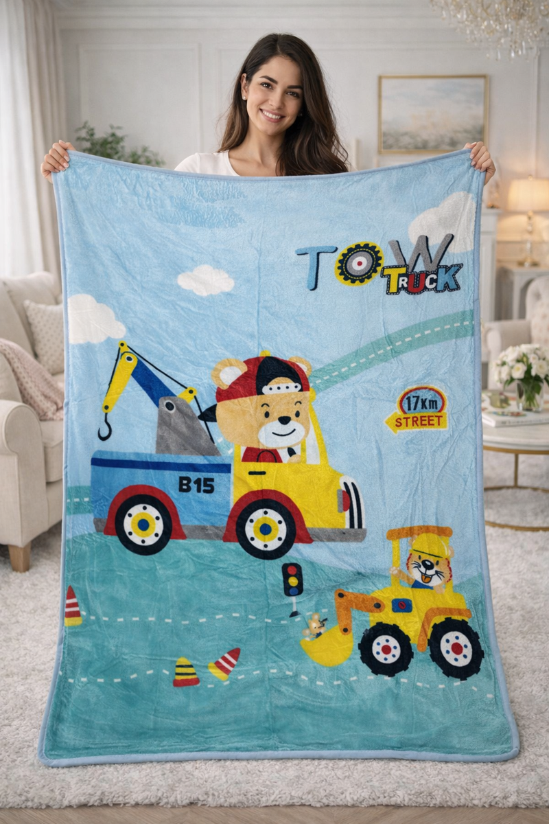 Lightweight Soft Plush Velvet Fleece 2 way Printed Blanket for 1 -7 Year Olds - Tow Truck
