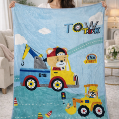 Lightweight Soft Plush Velvet Fleece 2 way Printed Blanket for 1 -7 Year Olds - Tow Truck