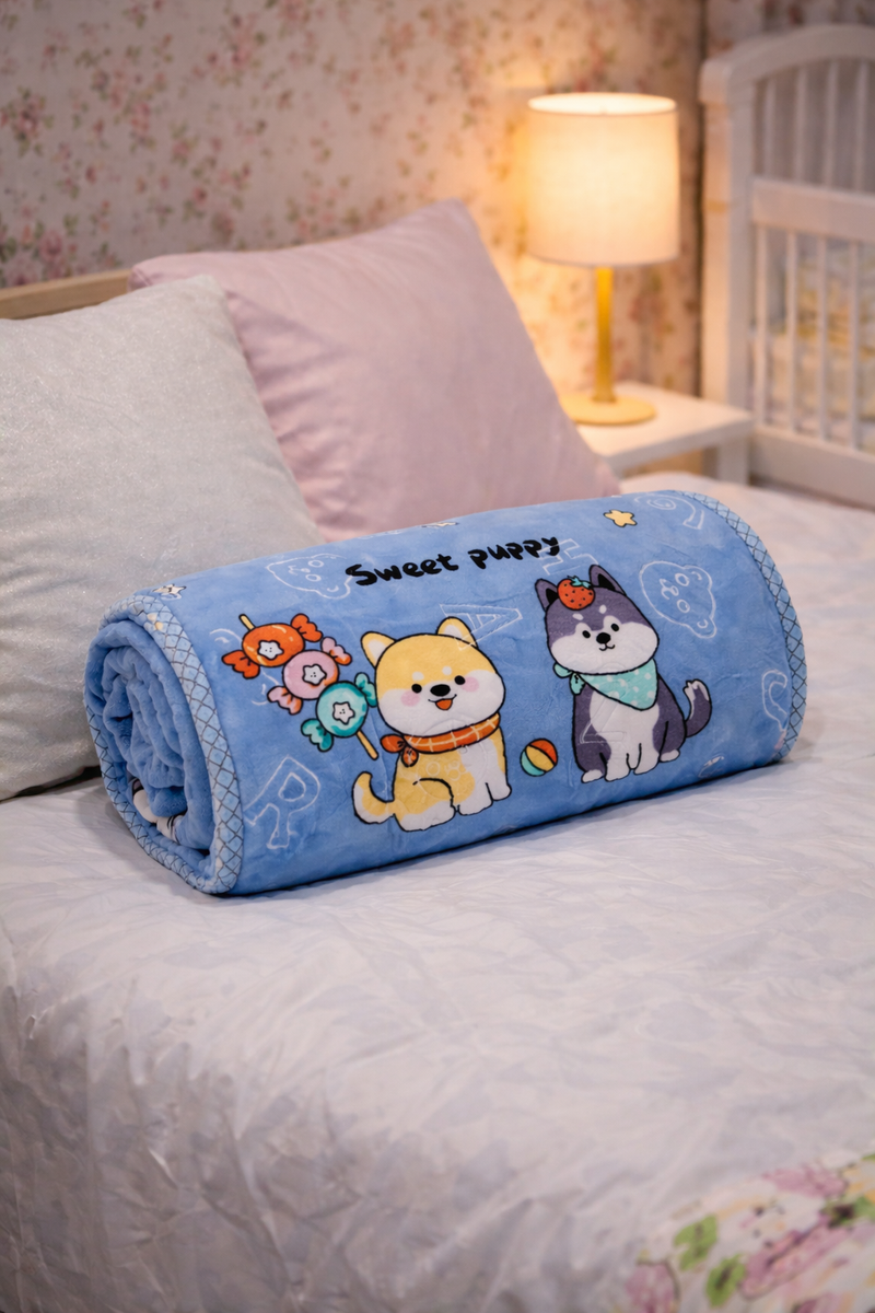 Kradyl Kroft Plush Double Layered Velvet with Two Side Printed Kids Blanket - Sweet Puppy Blue
