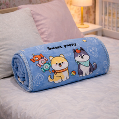 Kradyl Kroft Plush Double Layered Velvet with Two Side Printed Kids Blanket - Sweet Puppy Blue