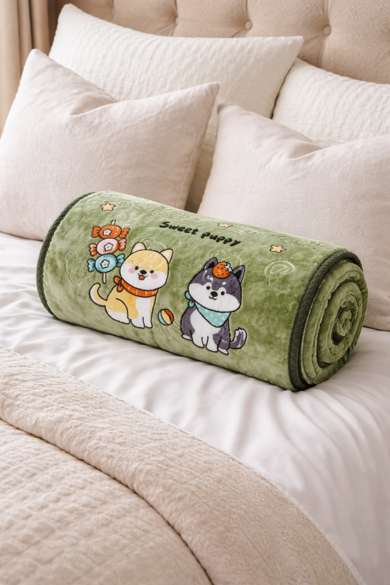 Kradyl Kroft Plush Double Layered Velvet with Two Side Printed Kids Blanket - Sweet Puppy Green